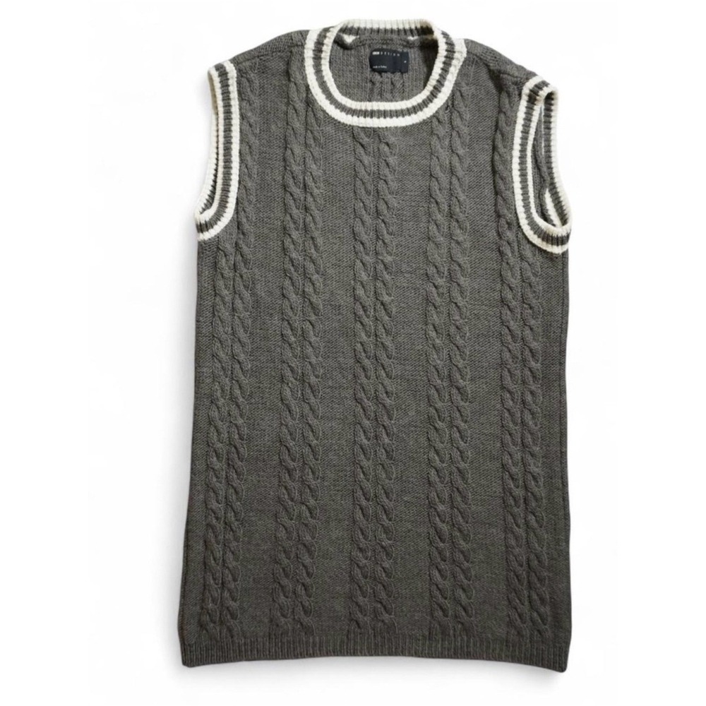 ASOS Gray Cable-Knit Sleeveless Vest with Cream Trim